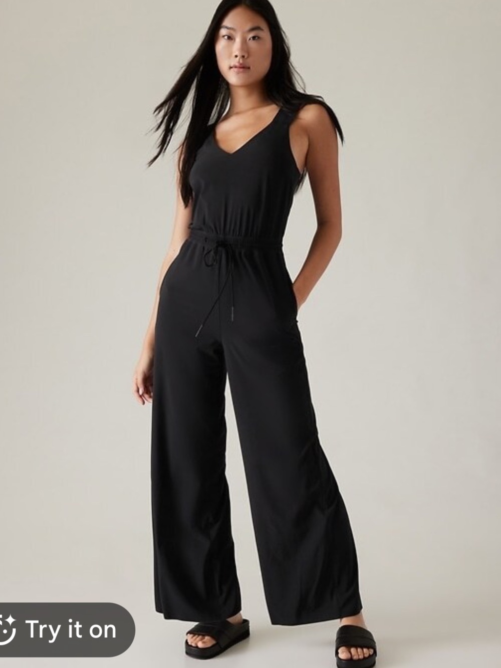Athleta Savannah Sleeveless V-Neck Wide-Leg Jumpsuit Black Sz 10